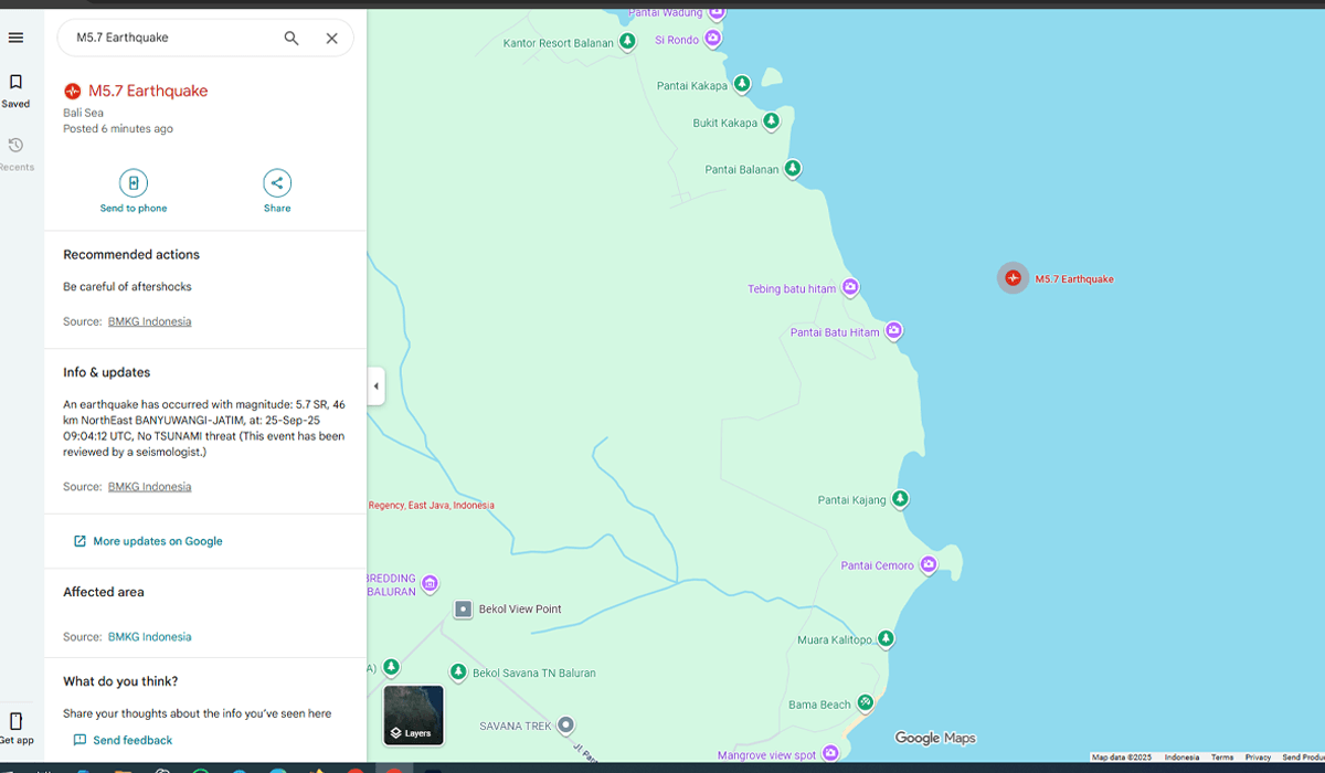 gempa M5,7 di Laut bali